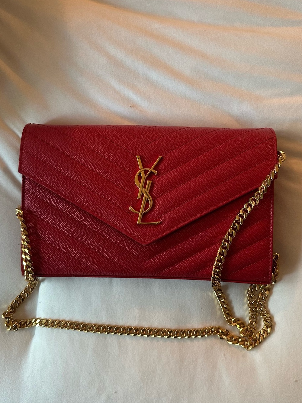 Saint Laurent YSL Red Envelope Chain Wallet Gold Hardware